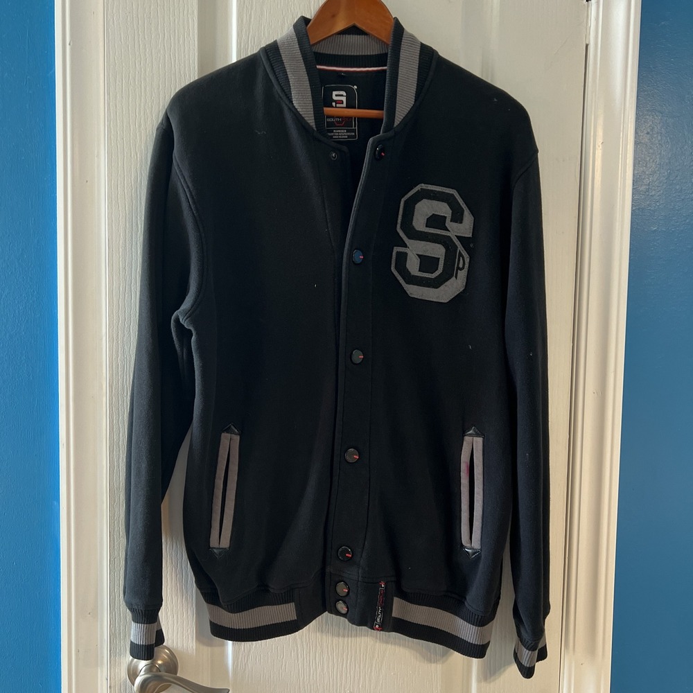 Southpole Mens Varsity Sweatshirt Black Grey Snap Front Fleece Jacket Size Small